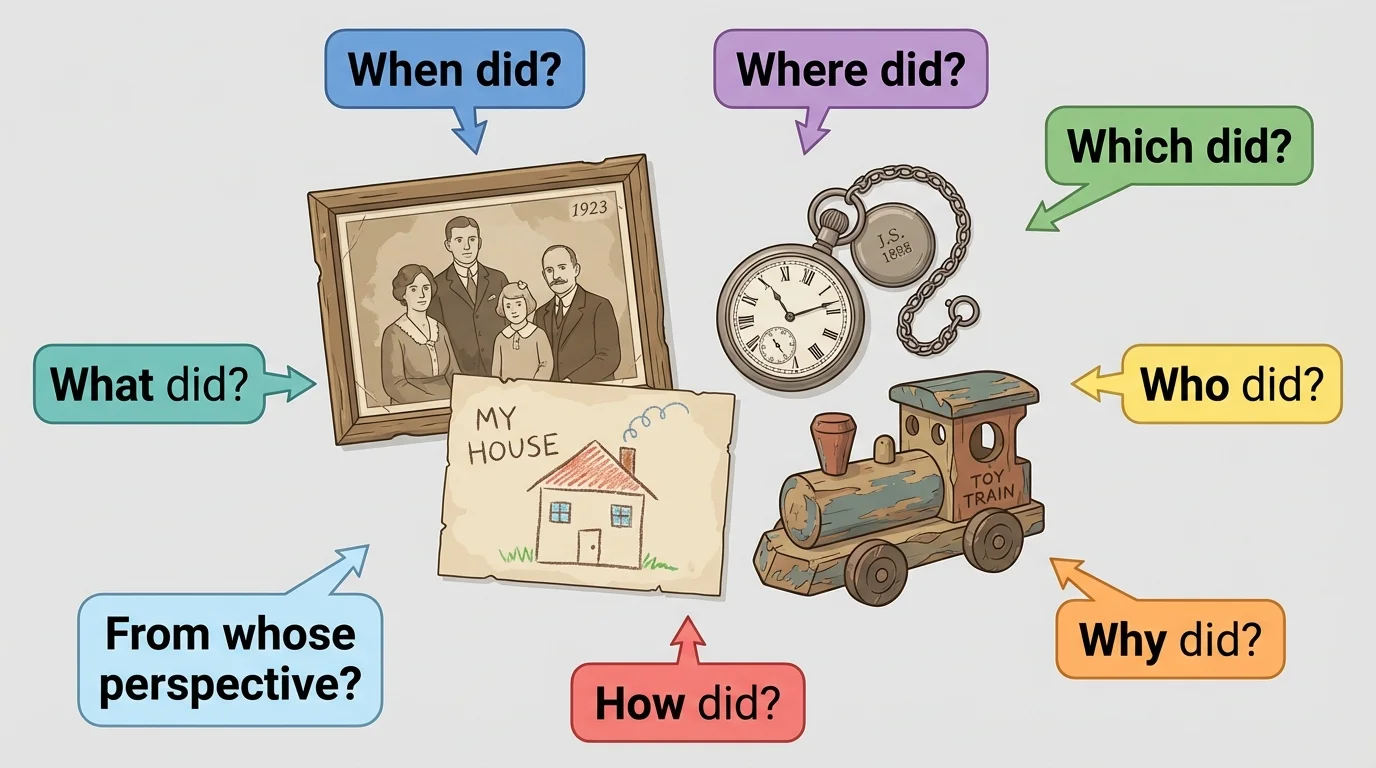 illustration of a photograph, old toy, drawing, and family object used as clues about the past