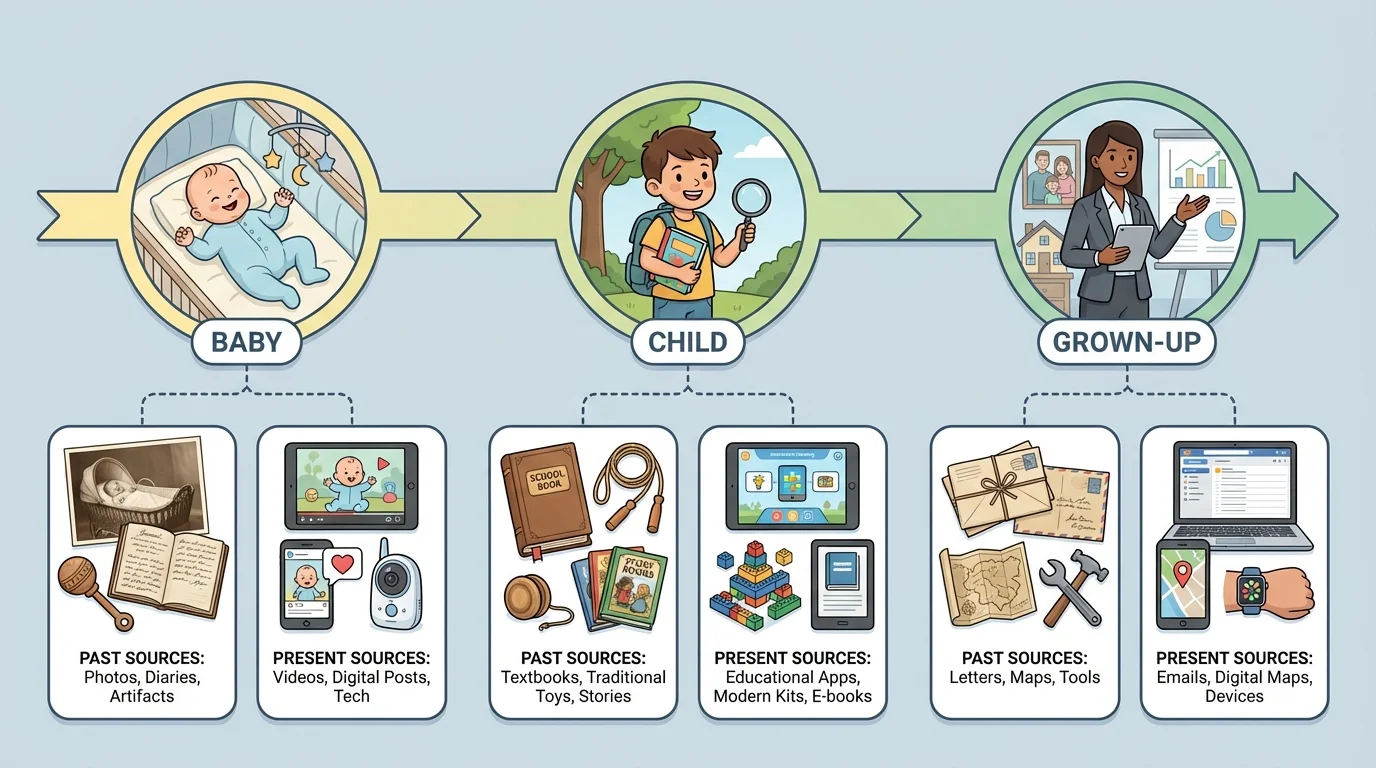 child-friendly timeline with three pictures labeled baby, child, grown-up