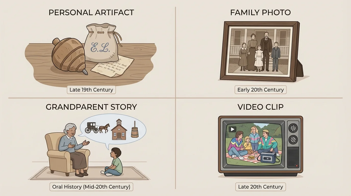 table-like illustration of artifact, family photo, story told by grandparent, and video clip