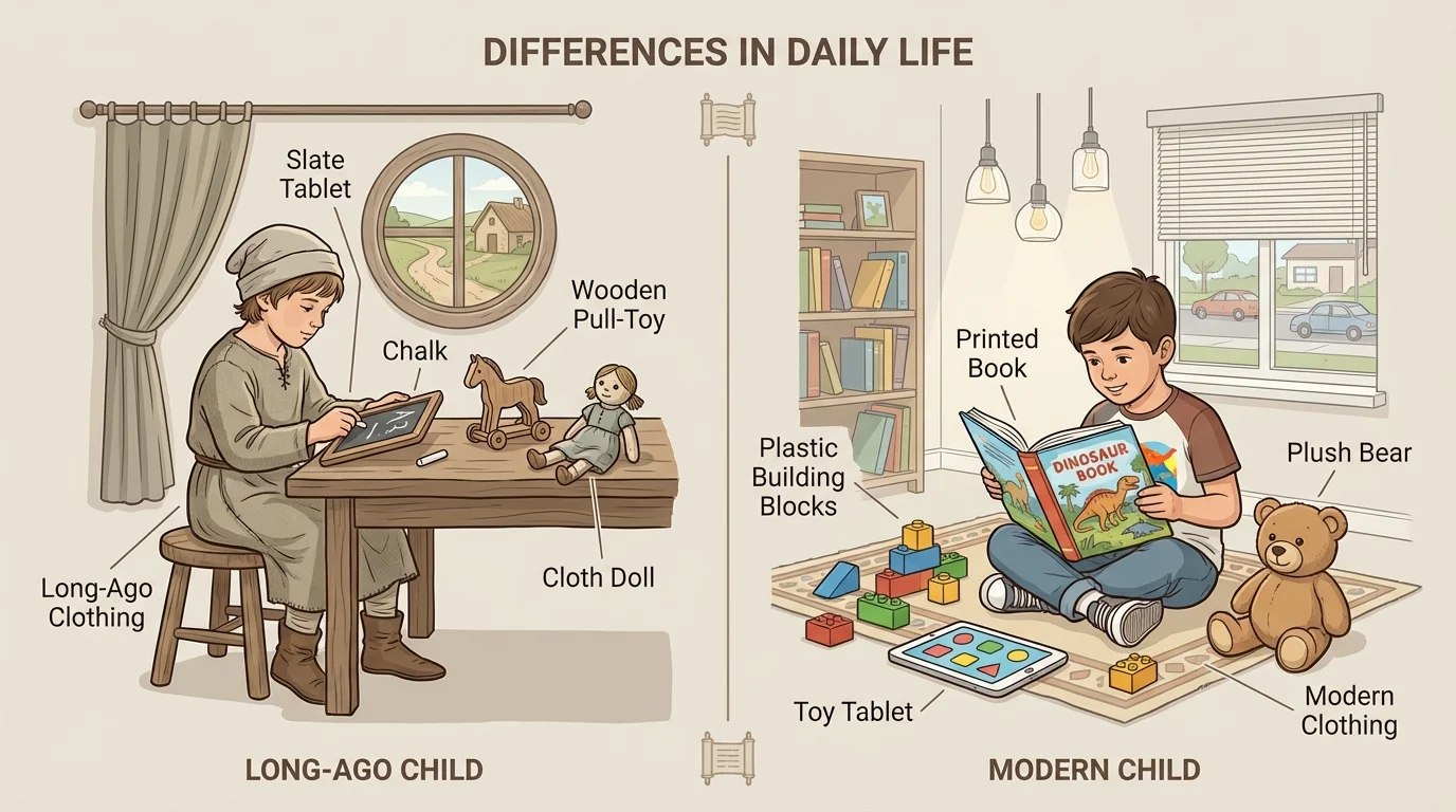 split scene showing long-ago child with slate and simple toy, modern child with book and blocks