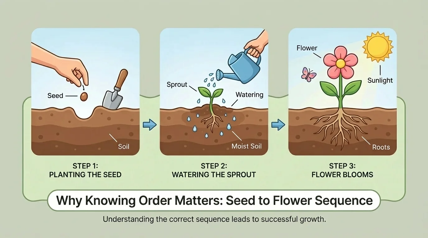 Child-friendly 3-step sequence showing seed planted in soil, child watering small sprout, and flower blooming