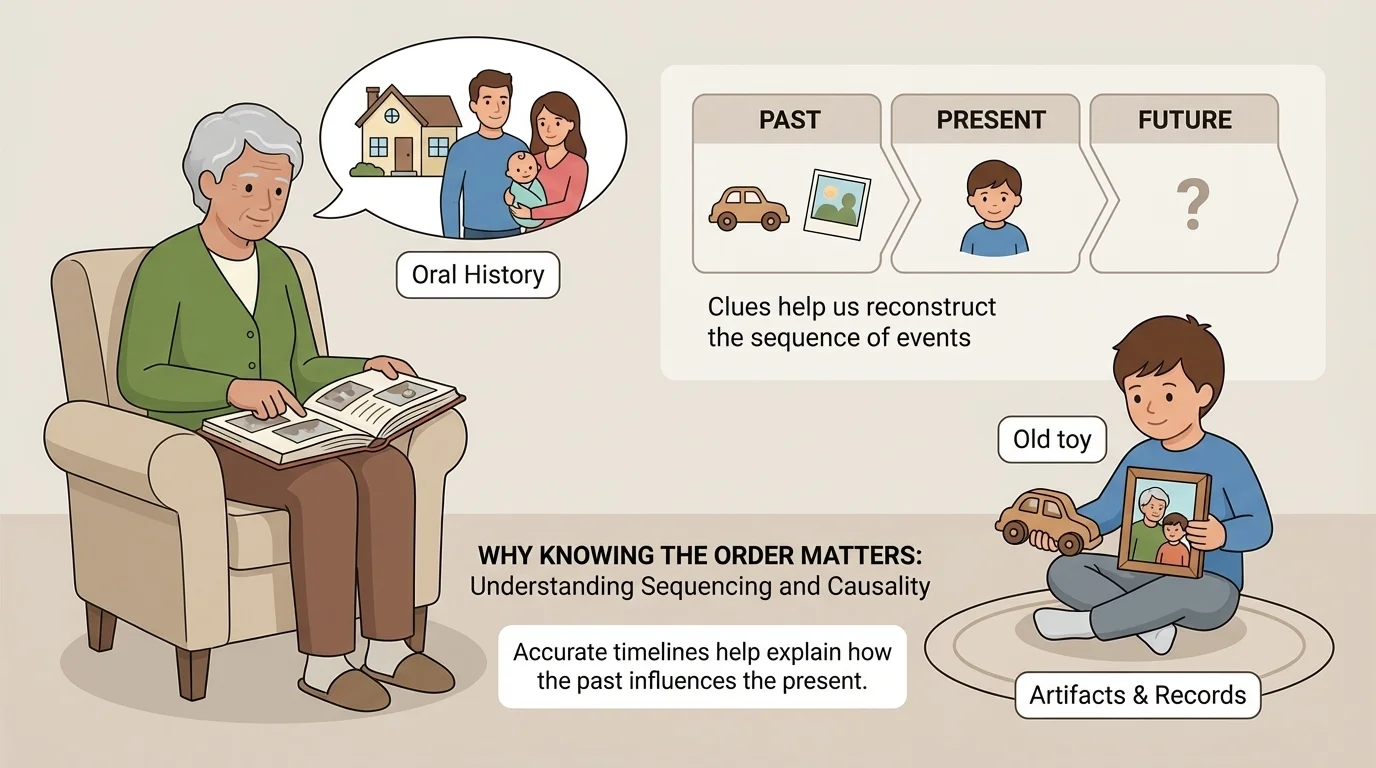 Child looking at a family photo, an old toy, and a grandparent telling a story as clues about the past