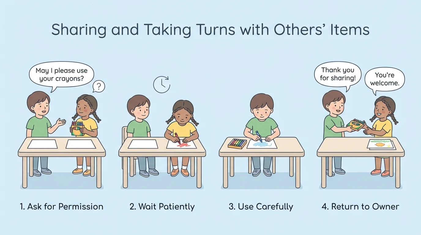 Four-step sequence showing a child asking for crayons, waiting patiently, using the crayons carefully, and returning them to the owner