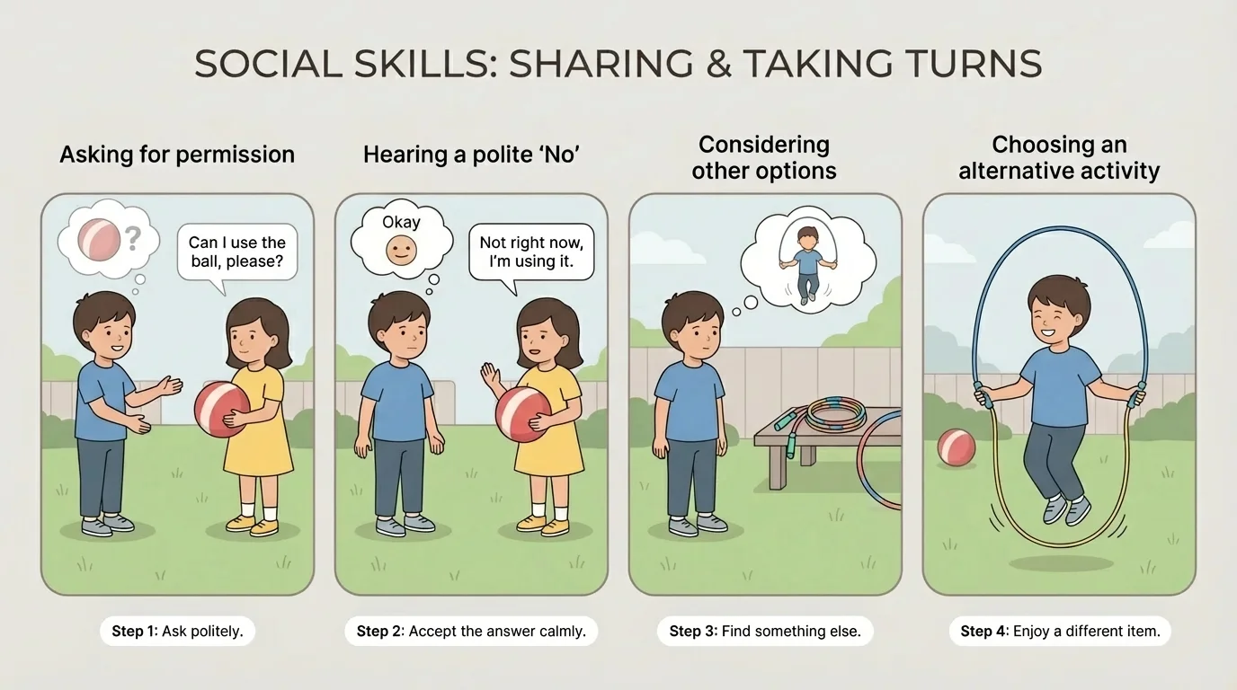 Child asking for a ball, hearing no politely, then choosing a jump rope and smiling calmly