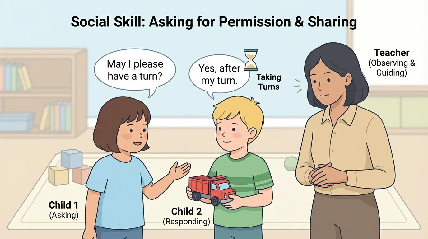 Two children with a toy truck, one asking politely to use it and the other responding yes or no, teacher nearby