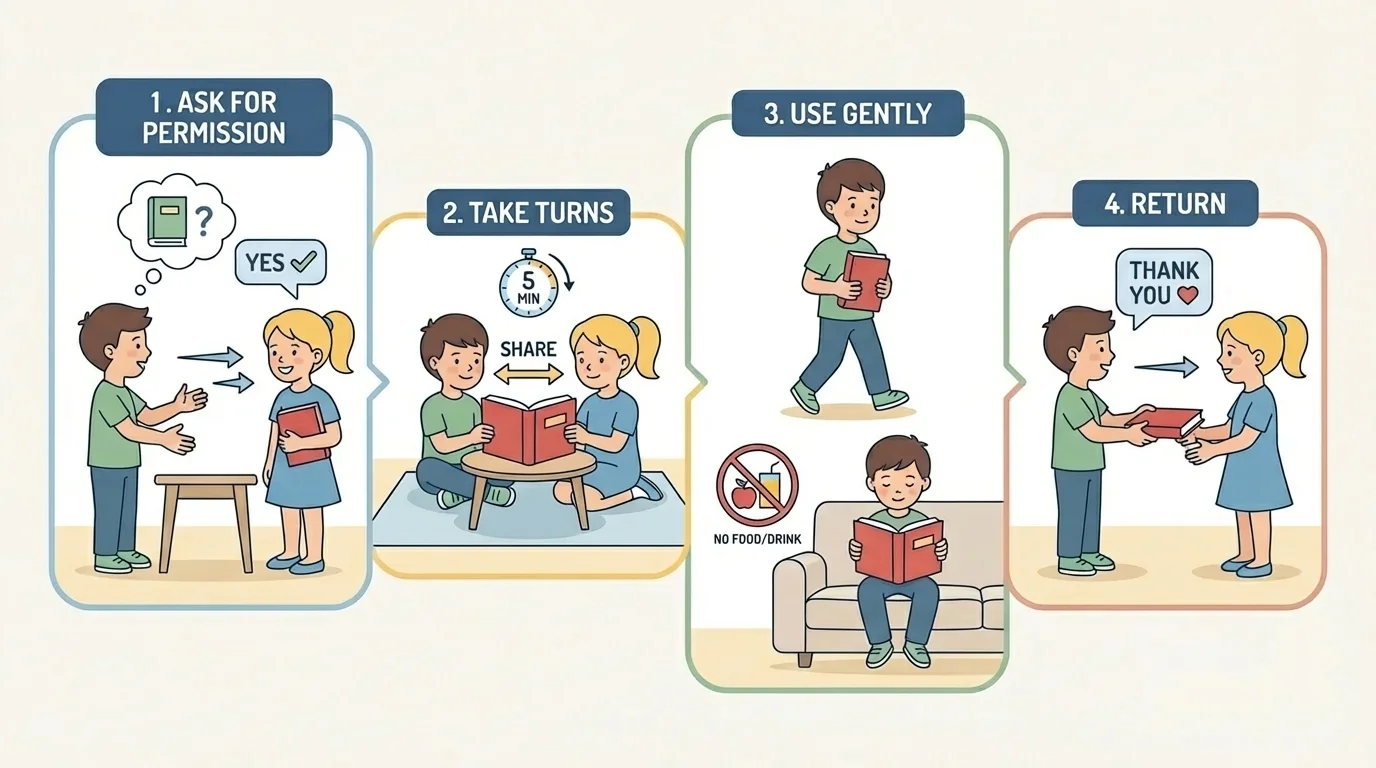 Child borrowing a book with clean hands, carrying it carefully, reading gently, and returning it to a classmate