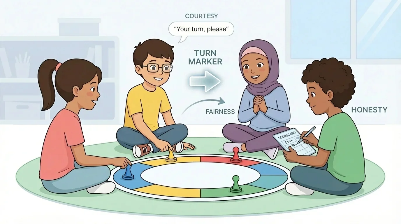 Children playing a simple game in a circle, turn marker moving fairly from one child to the next