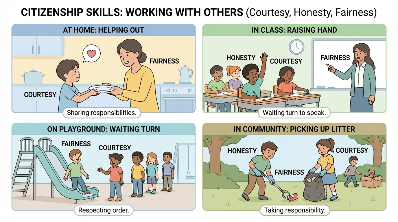 Four small scenes showing a child helping at home, raising a hand in class, waiting turn on playground, and helping pick up litter in neighborhood