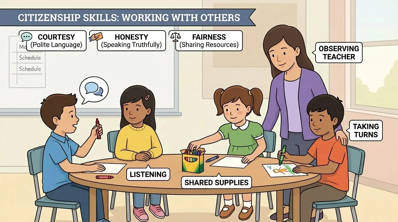 Children at a classroom table taking turns with crayons, one child speaking and others listening, teacher nearby