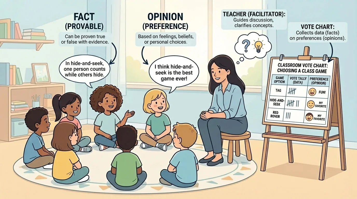 Classroom circle discussion with children sharing ideas, teacher listening, and a simple vote chart about choosing a class game