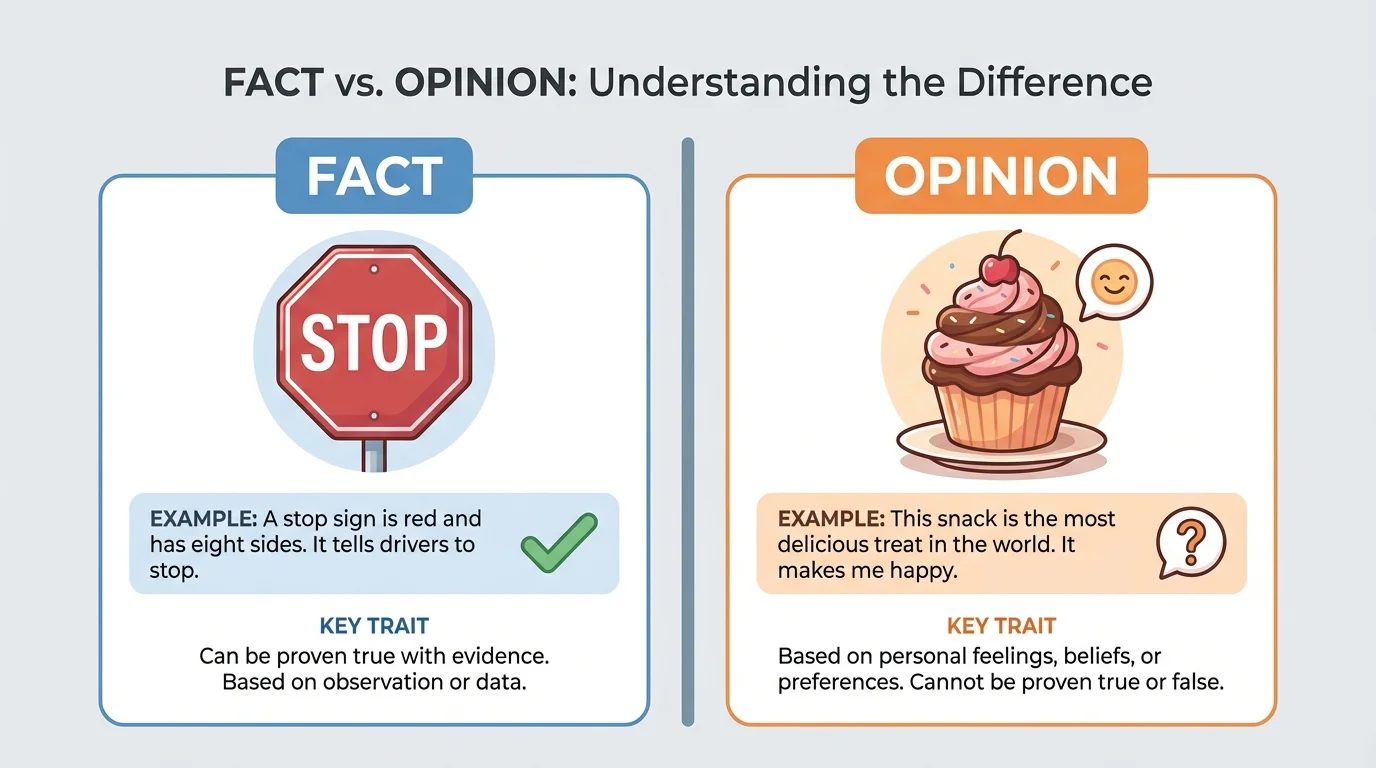 Child-friendly comparison chart with one box labeled fact and one box labeled opinion, using examples about a red stop sign and a favorite snack