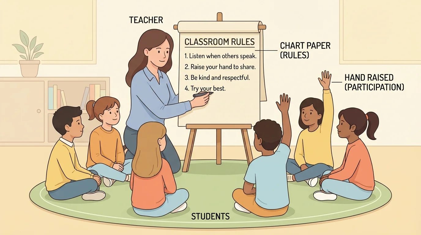 children sitting in a circle, raising hands, teacher writing class rules on chart paper