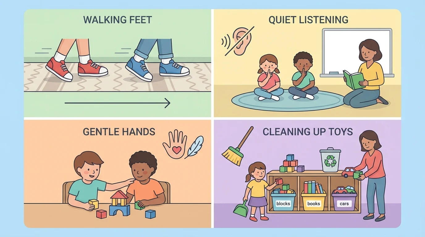 split classroom scene showing walking feet, quiet listening, gentle hands, and cleaning up toys