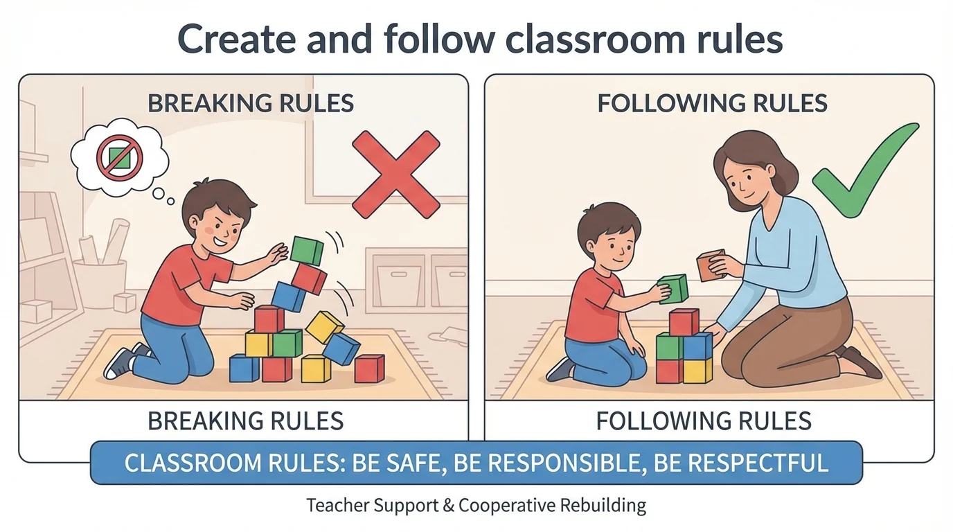 child knocking over blocks, then helping rebuild with teacher support and calm faces