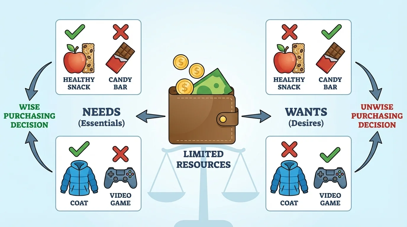 Small wallet with limited money and two shopping choices: healthy snack chosen over candy bar, and coat chosen over video game