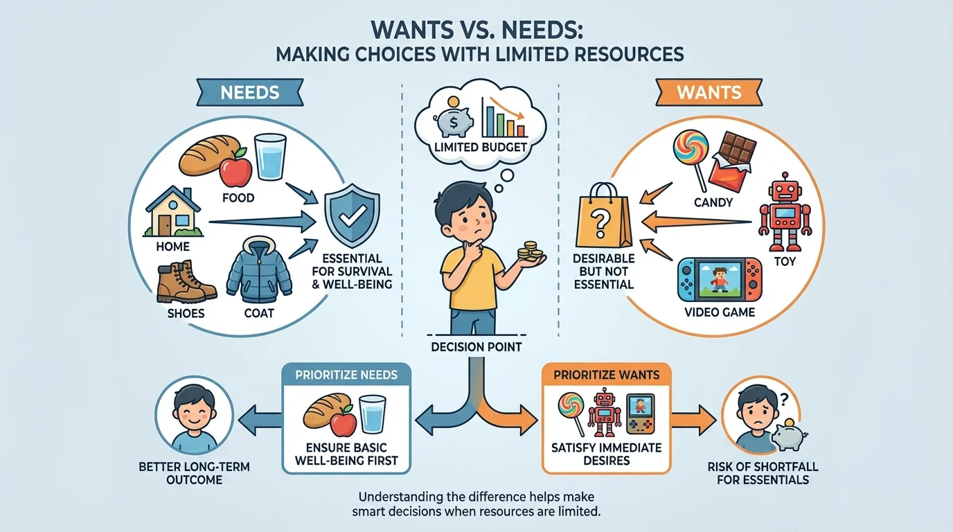 Child with simple labeled items in two groups: needs include food, coat, shoes, home; wants include candy, toy, video game