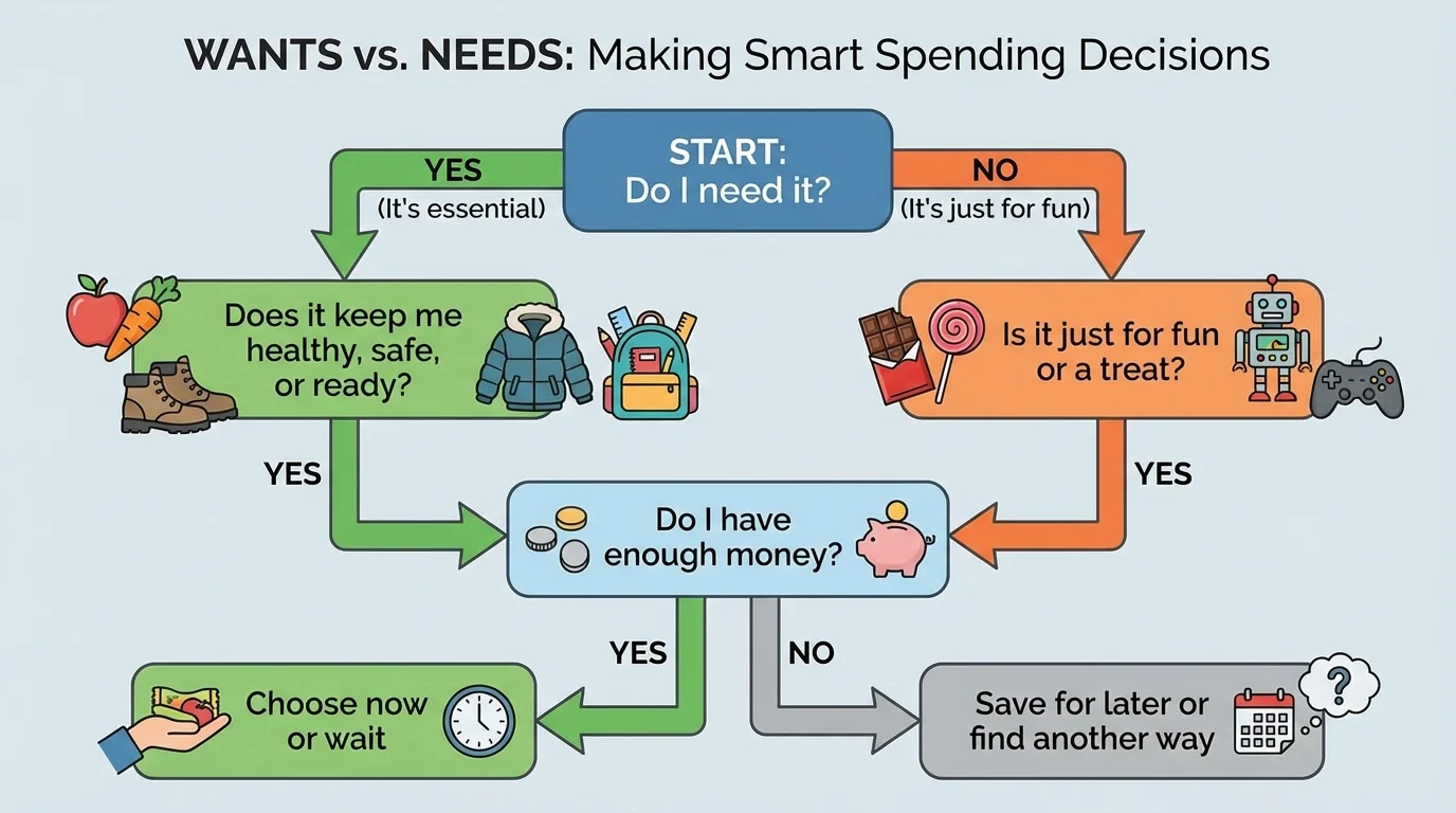 Child-friendly spending decision flowchart with boxes: Do I need it? Does it keep me healthy, safe, or ready? Do I have enough money? Choose now or wait