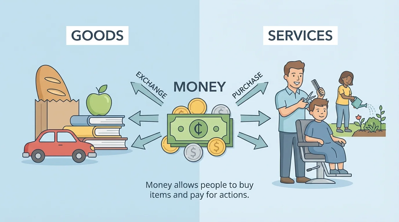Child-friendly split scene showing goods such as bread and a toy on one side, and services such as a barber cutting hair on the other side, clearly labeled goods and services