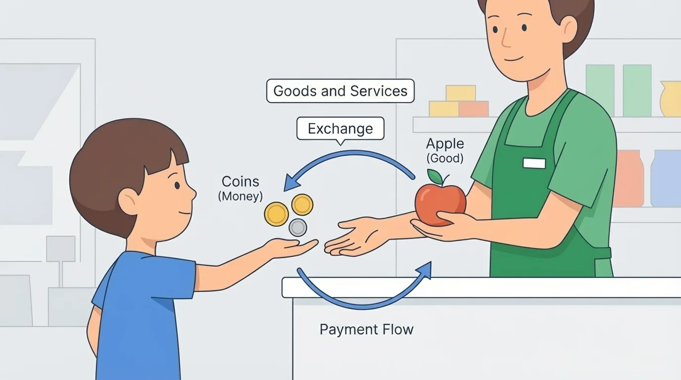 Child paying a cashier with coins and receiving an apple, with simple arrows showing money goes to the cashier and apple goes to the child