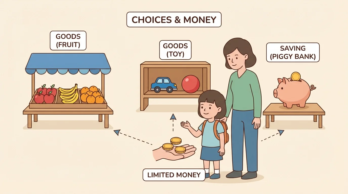 Child and adult choosing between fruit, a toy, and putting coins into a piggy bank, showing only a few coins available for choices