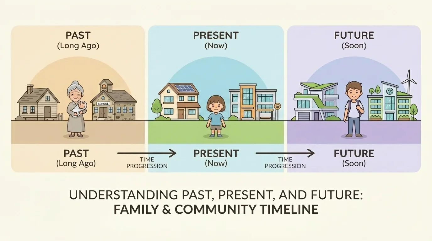 simple family and community timeline with grandparent long ago, child as baby, child now, and future bigger child plus a house and school changing over time