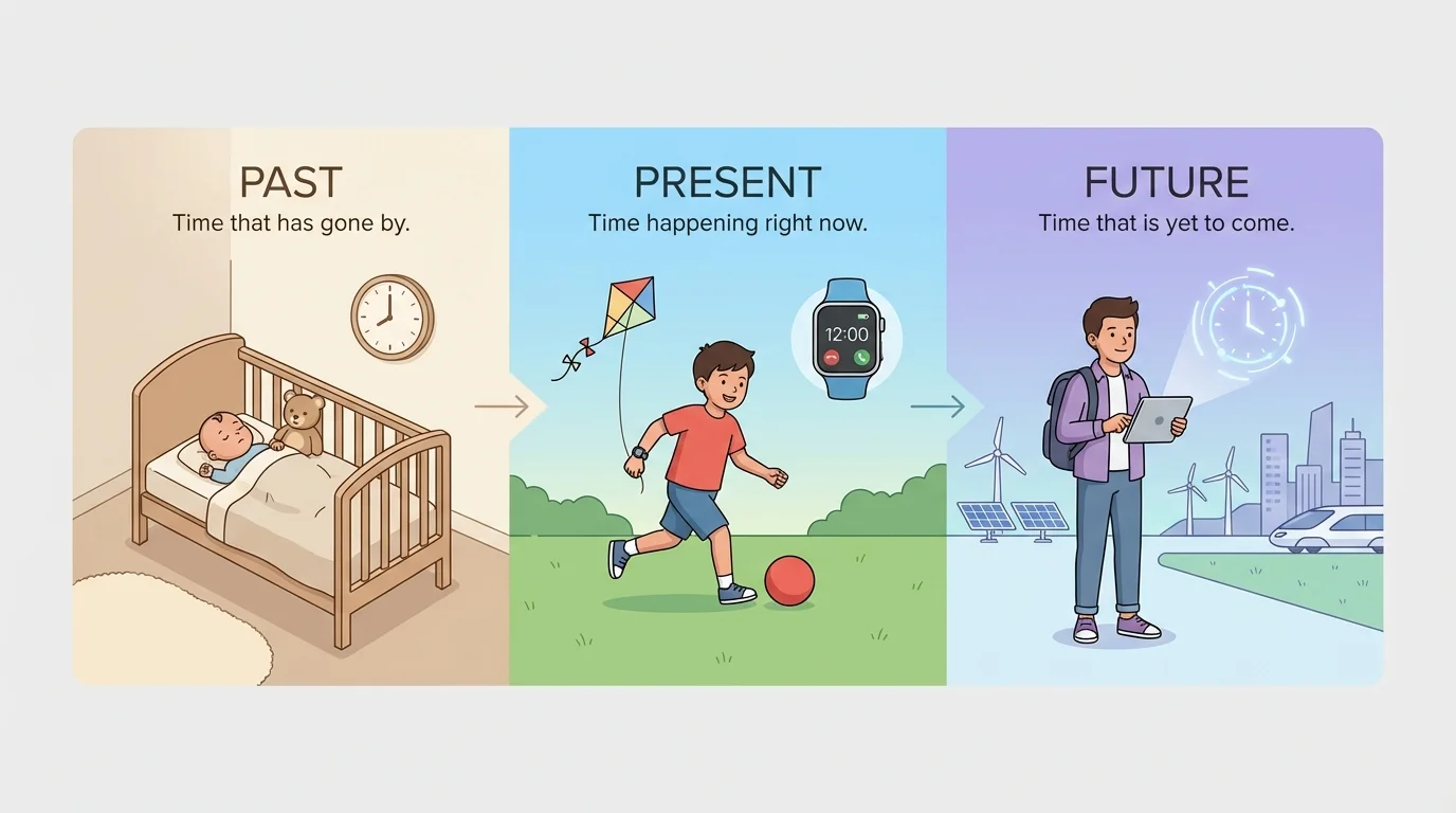 one child shown as a baby in the past, the same child playing now in the present, and the same child older in the future with simple labels past, present, future