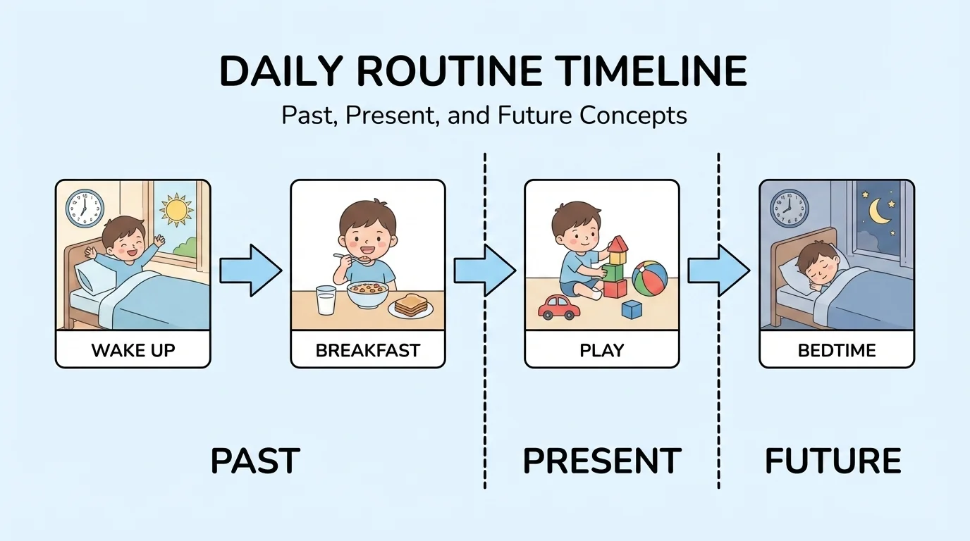 simple child daily routine timeline with four pictures and arrows for wake up, breakfast, play, bedtime
