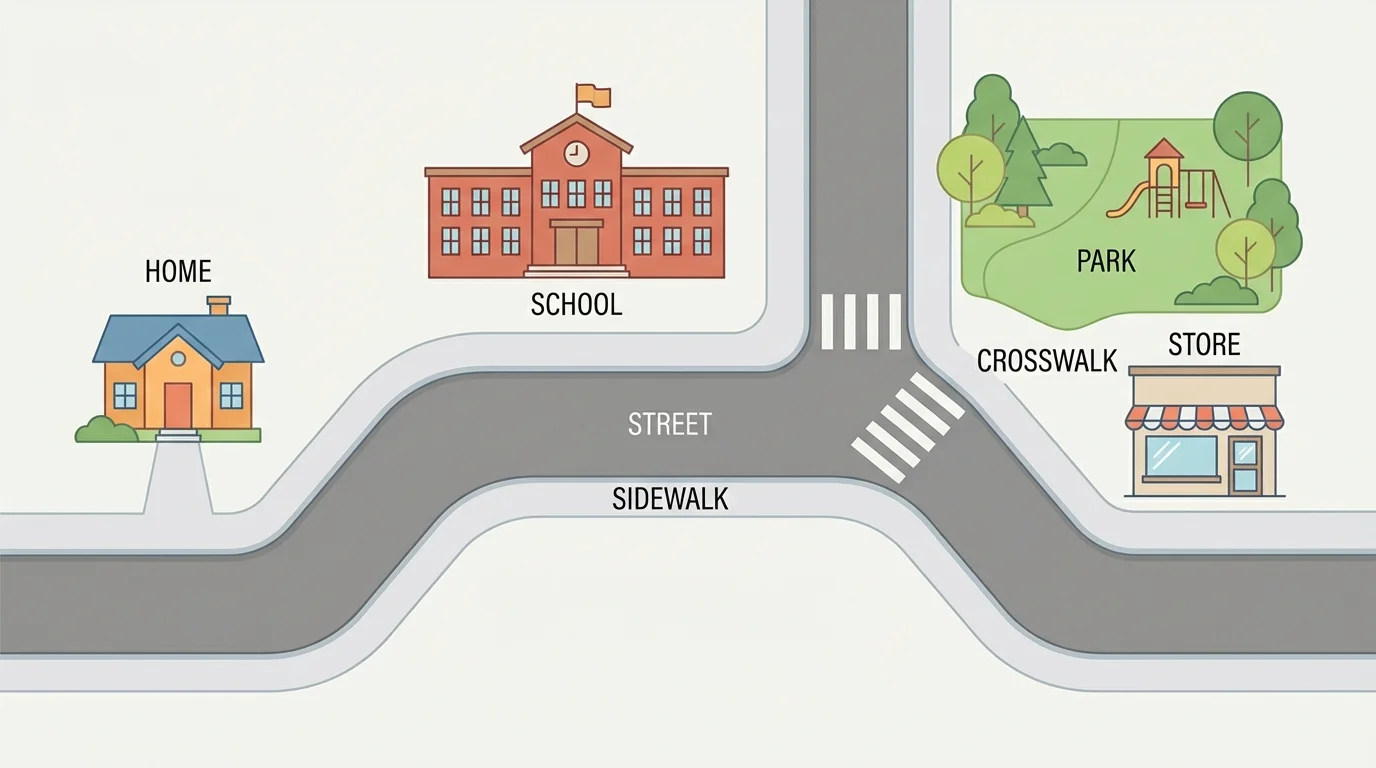 simple colorful neighborhood map showing a home, school, park, store, street, sidewalk, and crosswalk