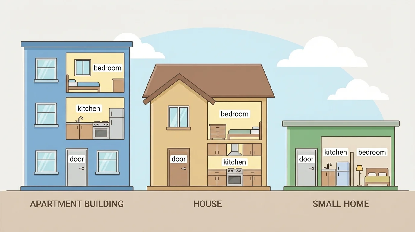 child-friendly scene showing different kinds of homes such as a house, an apartment building, and a small home, with simple labels for door, kitchen, and bedroom
