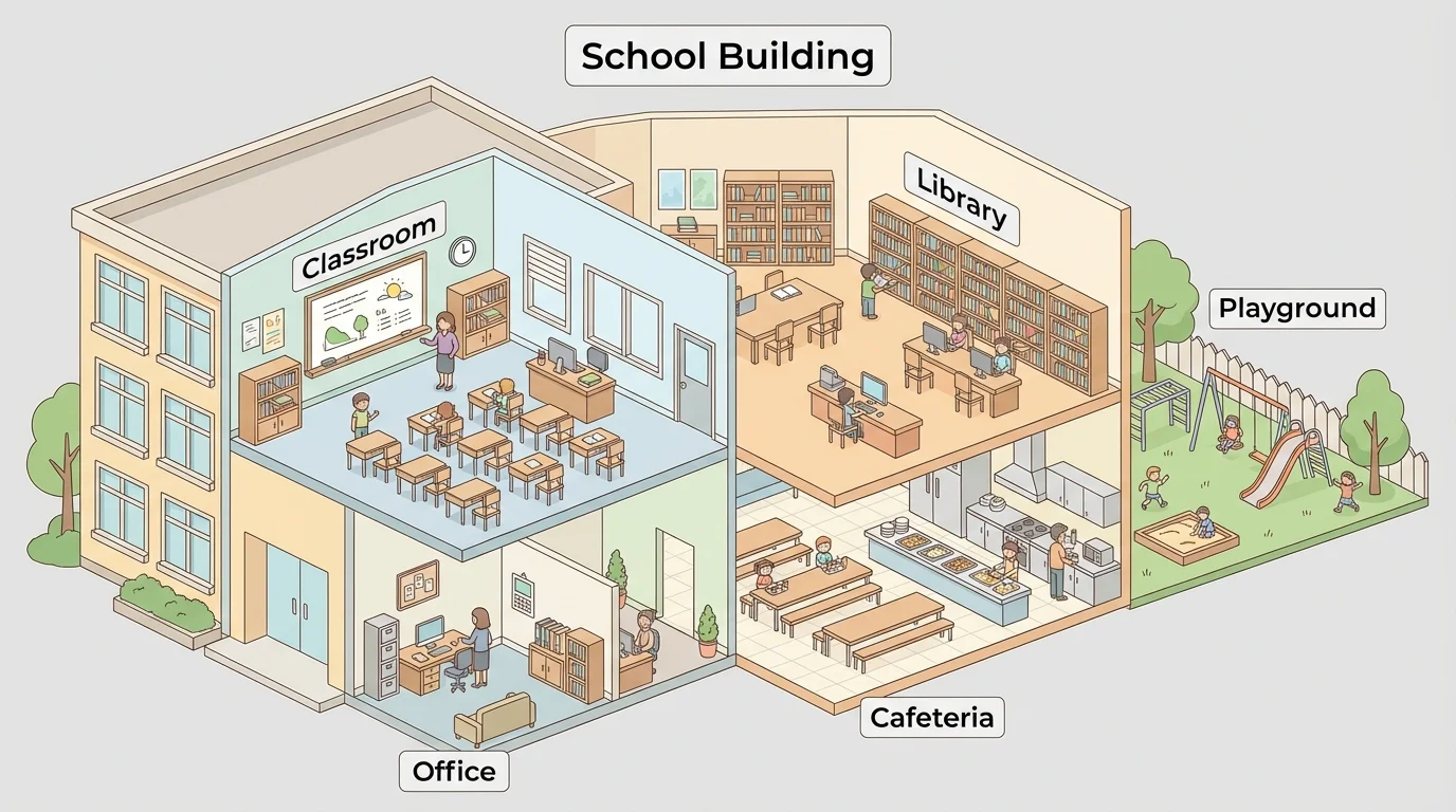 cutaway-style school building showing one classroom inside a larger school, with simple labeled areas such as classroom, office, cafeteria, library, and playground