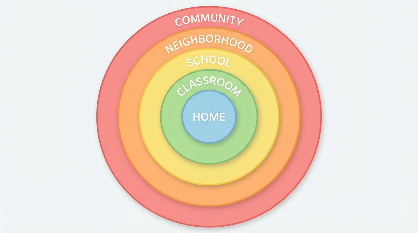 simple nested circles or stacked boxes labeled home, classroom, school, neighborhood, community from smallest to largest