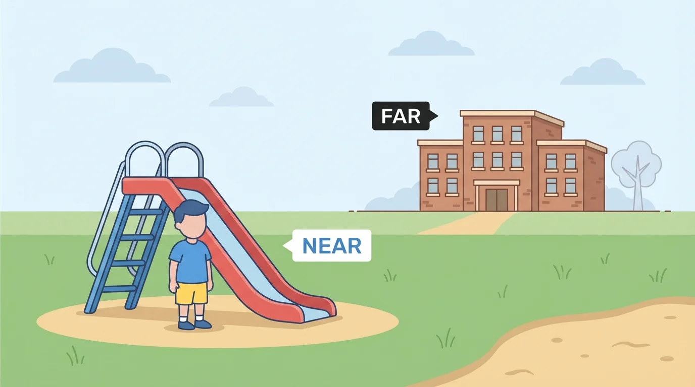 Playground scene with a child standing near a slide while the school building is farther away in the background, labeled near and far