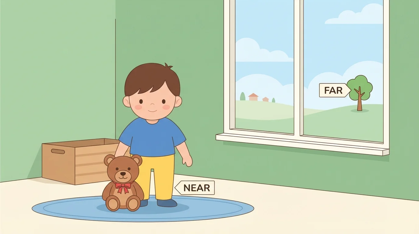 Child standing in a room with a teddy bear close to the child and a tree visible far outside the window, labeled near and far