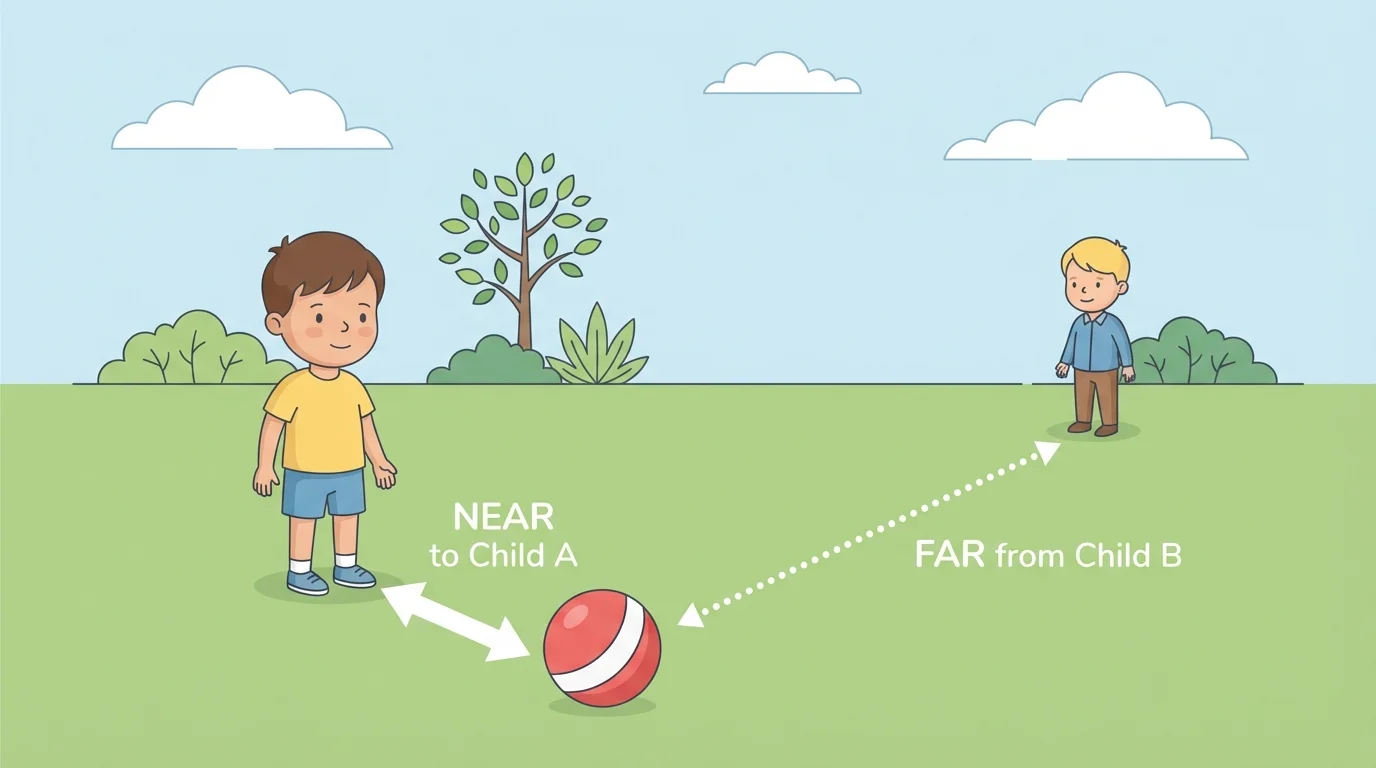 Two children standing in different spots on a yard with one ball near one child and far from the other child