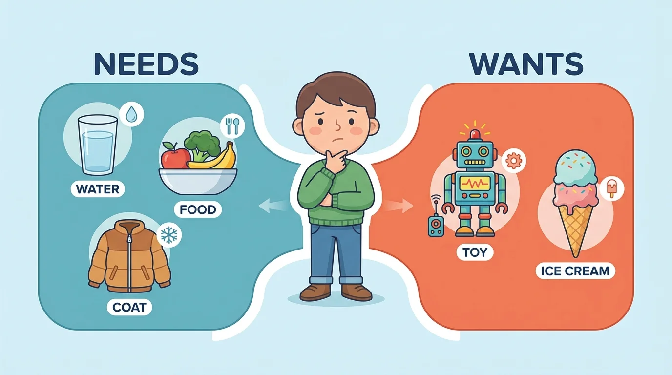 child with water, food, and coat on one side, toy and ice cream on the other side labeled needs and wants