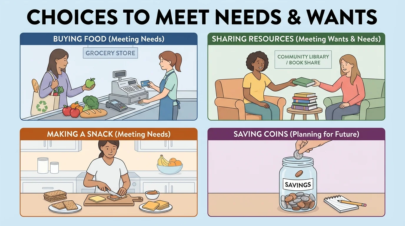 four small scenes showing buying food, sharing books, making a snack, and saving coins in a jar