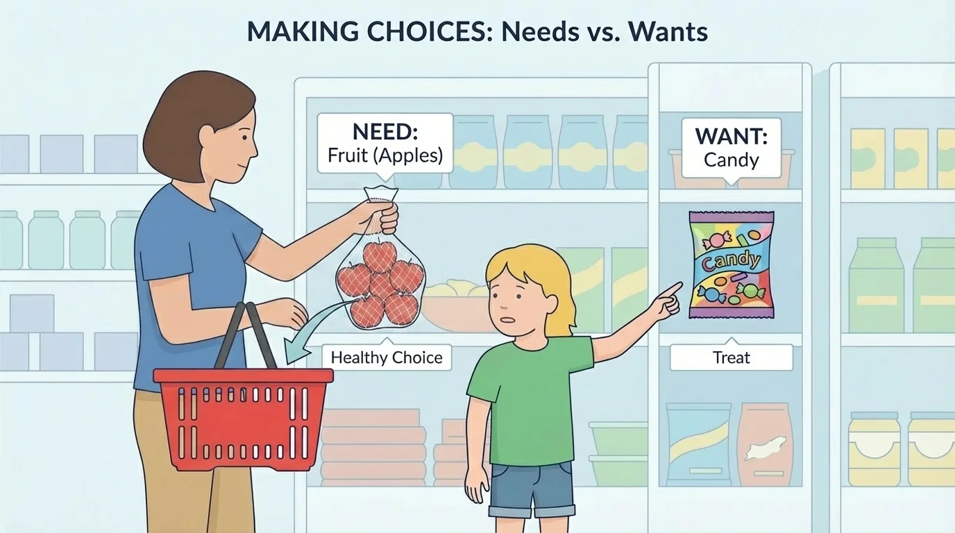 adult and child at a store choosing between fruit and candy with one item going in a basket