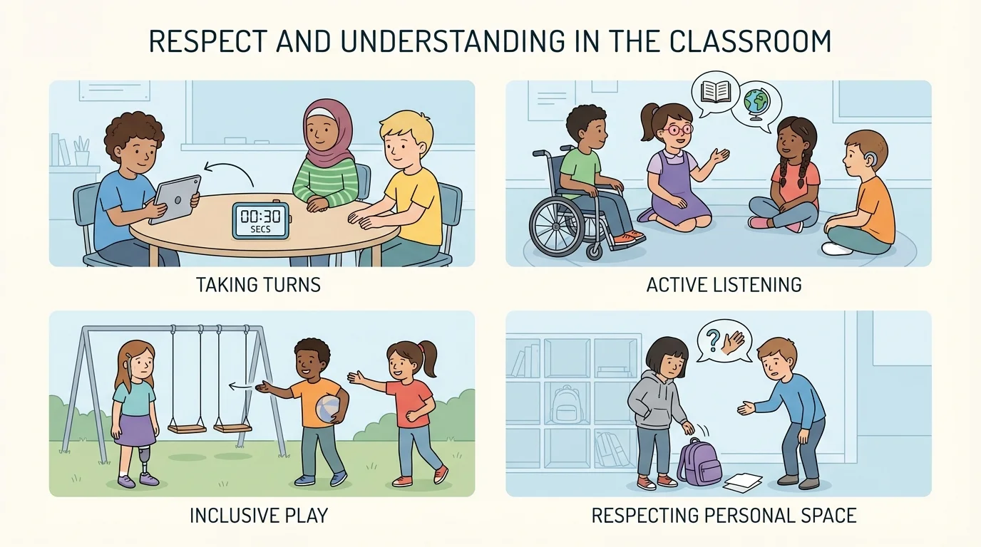 Four-panel classroom scene showing children taking turns, listening while a friend talks, inviting a child to join play, and asking before helping with a backpack