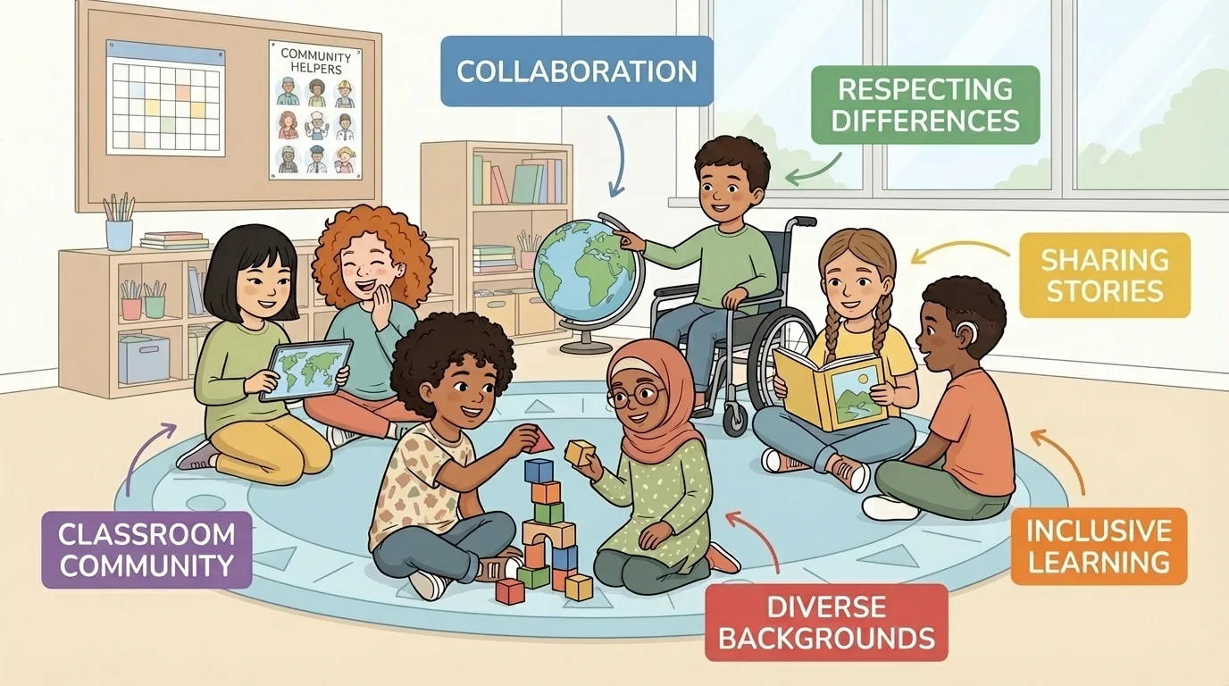 Children with different skin tones, clothing, and hair playing with blocks, reading, and smiling together in a classroom circle