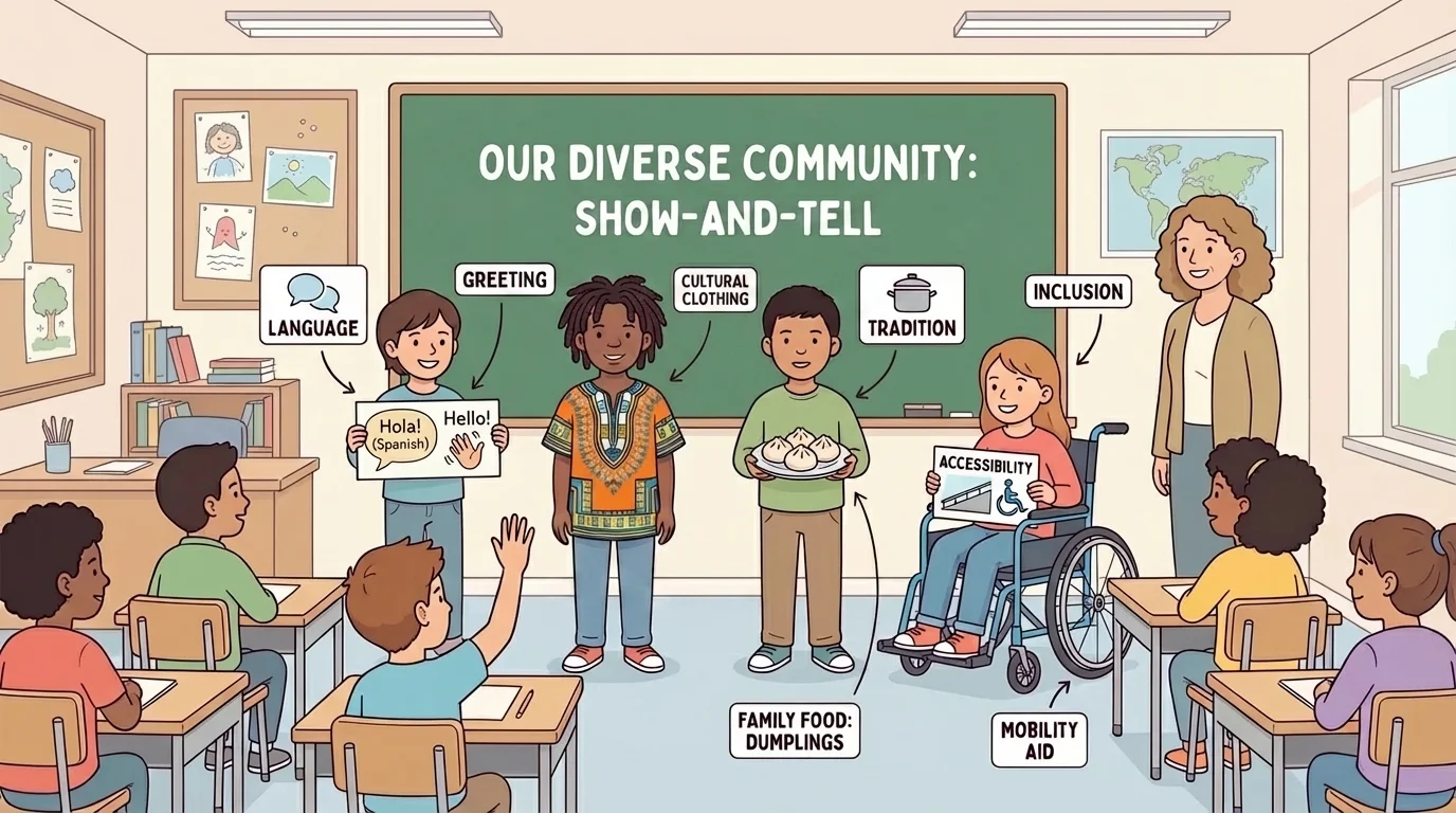 Classroom show-and-tell scene with one child greeting in another language, one sharing a family food, one wearing cultural clothing, and one using a wheelchair