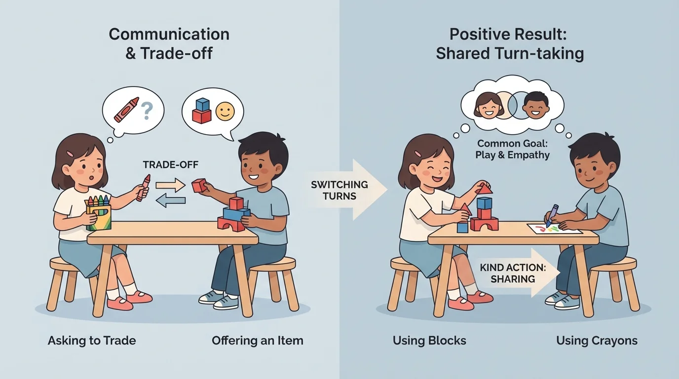 Two young children making a simple trade-off, with one child using crayons and the other using blocks, then switching turns.