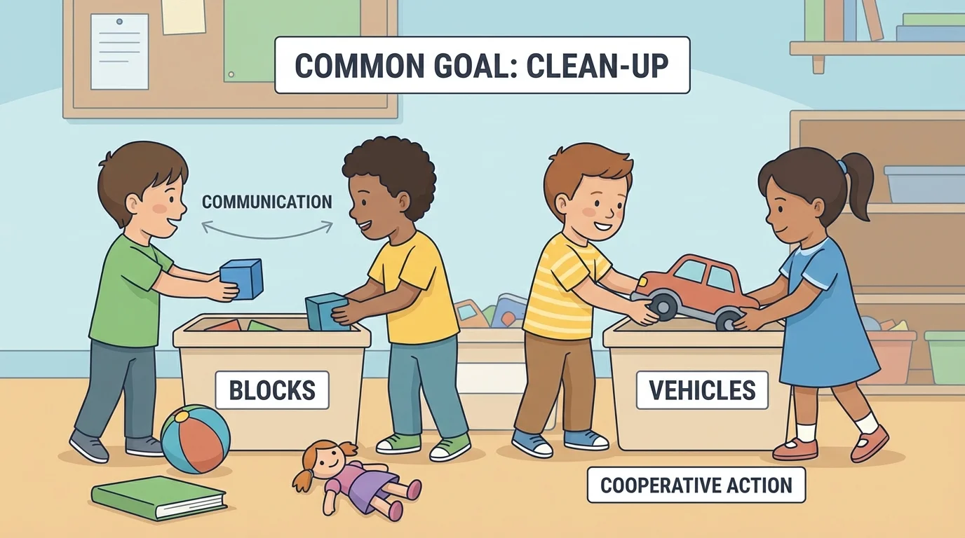 Preschool children working together to clean up toys into bins, showing a common goal and cooperative actions.