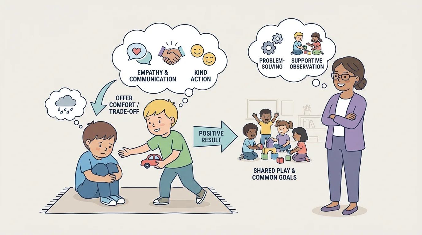 One child noticing a sad classmate, offering a toy or gentle pat, while a teacher watches supportively.