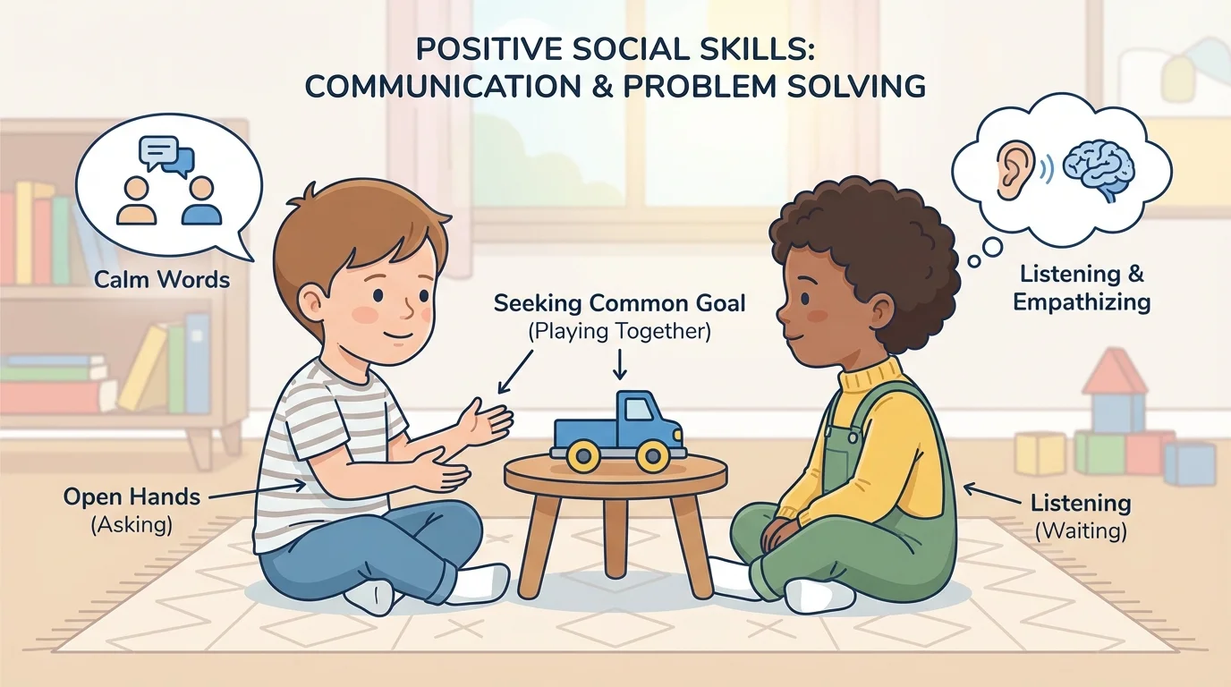 Two preschool children at play, one using calm words and open hands to ask for a turn with a toy while the other listens.