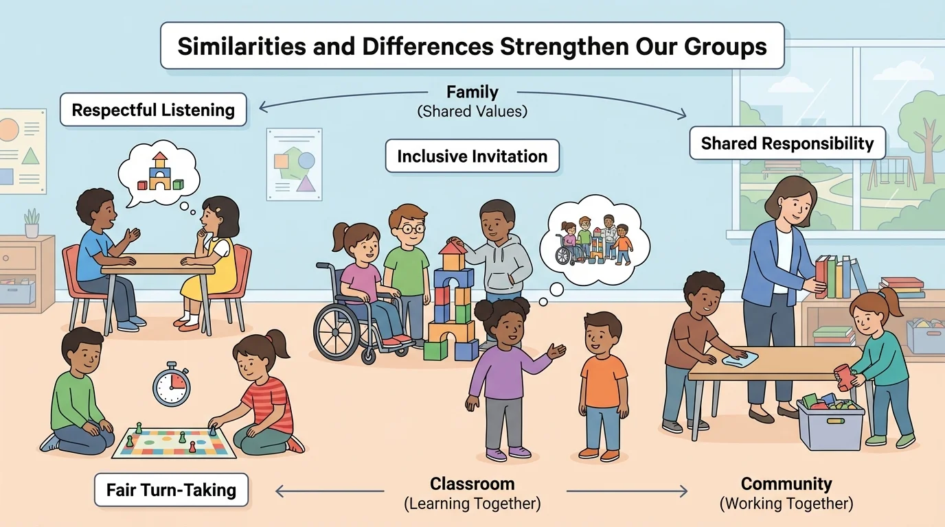 children listening, taking turns, inviting a child to play, and helping clean up in one classroom scene