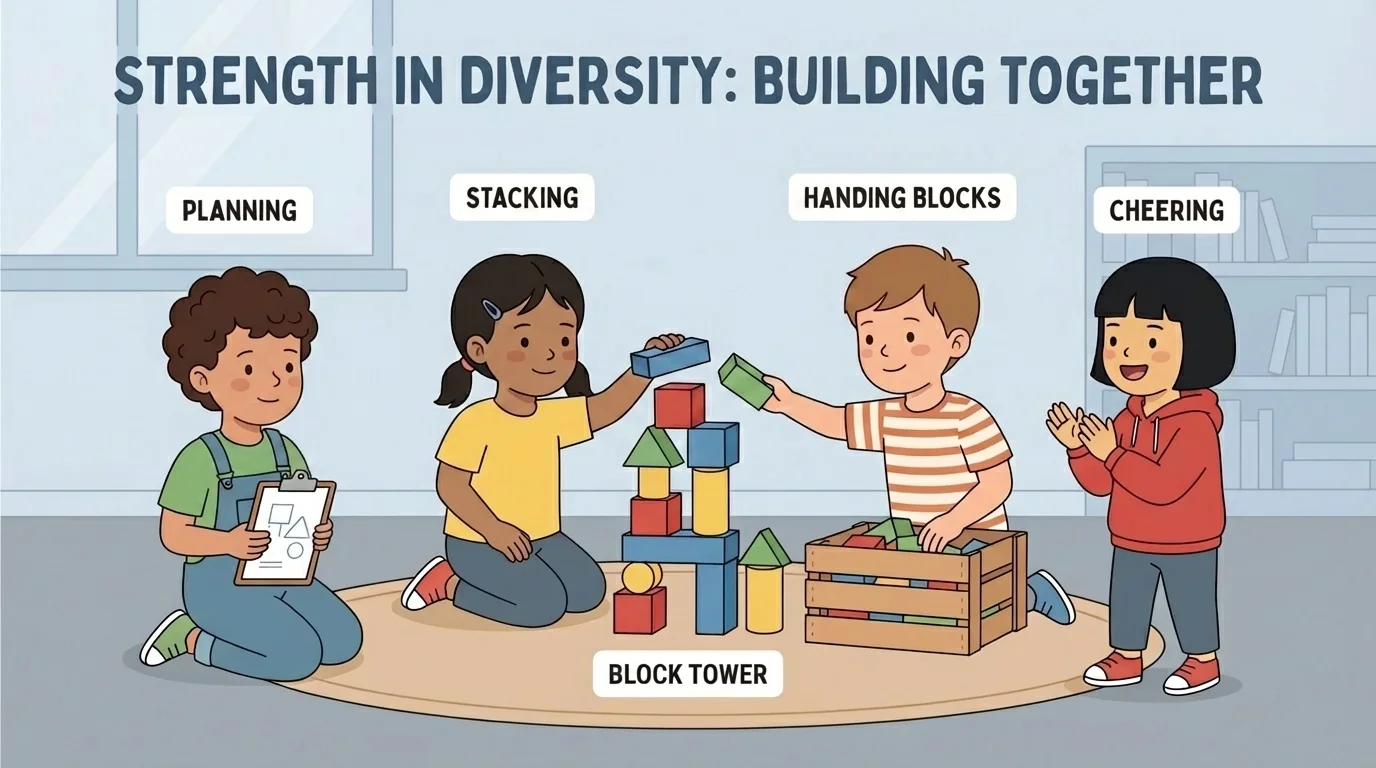 small group of young children building a block tower, with one stacking, one handing blocks, one planning, and one cheering