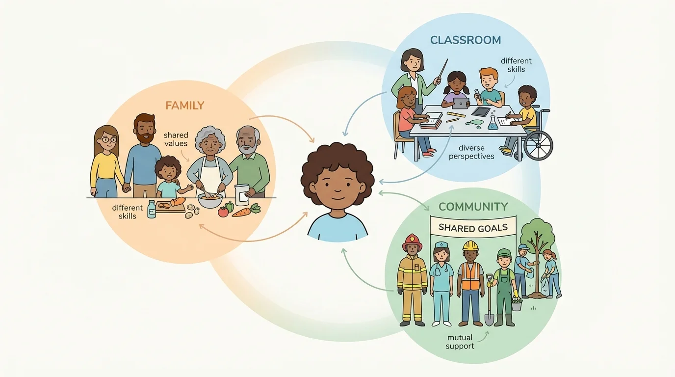 child in center with three surrounding groups labeled family, classroom, community, showing people connected to the child