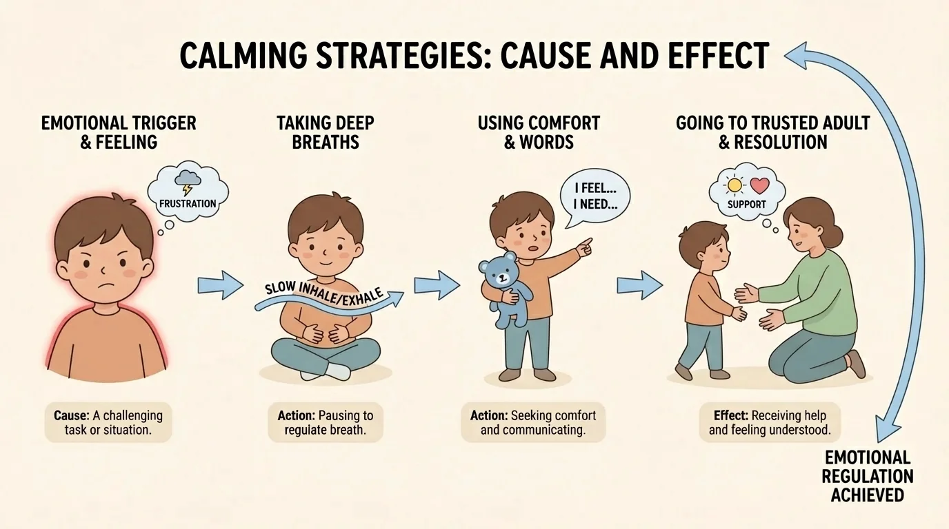 child taking deep breaths, hugging stuffed animal, using words, and going to trusted adult