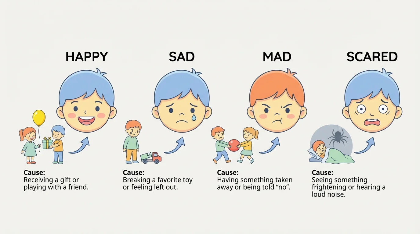 children showing happy, sad, mad, and scared faces with simple labels