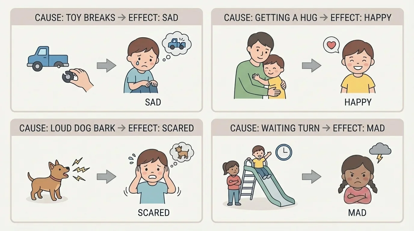 four small scenes showing toy breaking-sad, getting hug-happy, loud dog bark-scared, waiting turn-mad